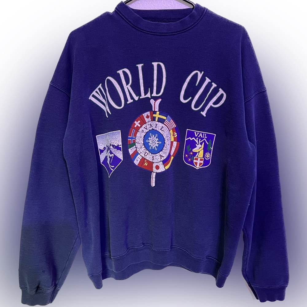 Vintage World Cup USA Vail Skiing Navy Blue Crewneck Sweater Size
